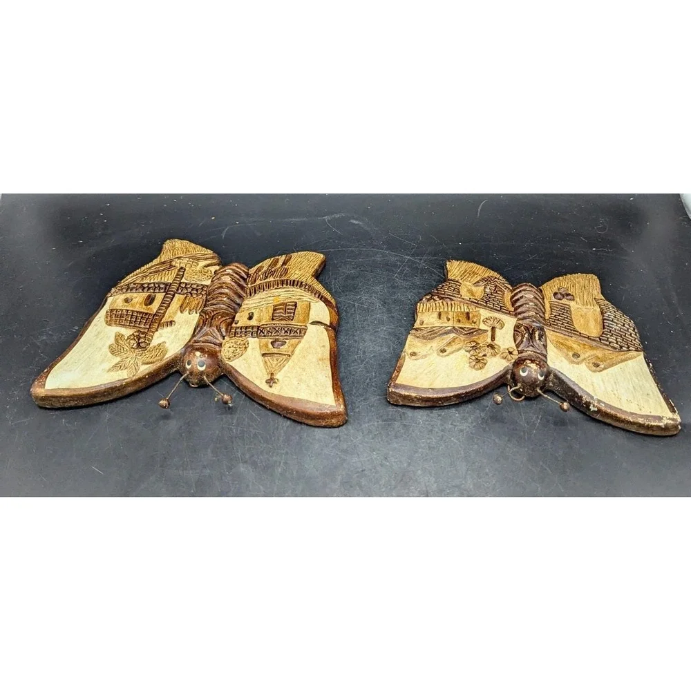 Set/2 Vintage Art Pottery Wall Hanging Butterfly Brown Buildings 7.5